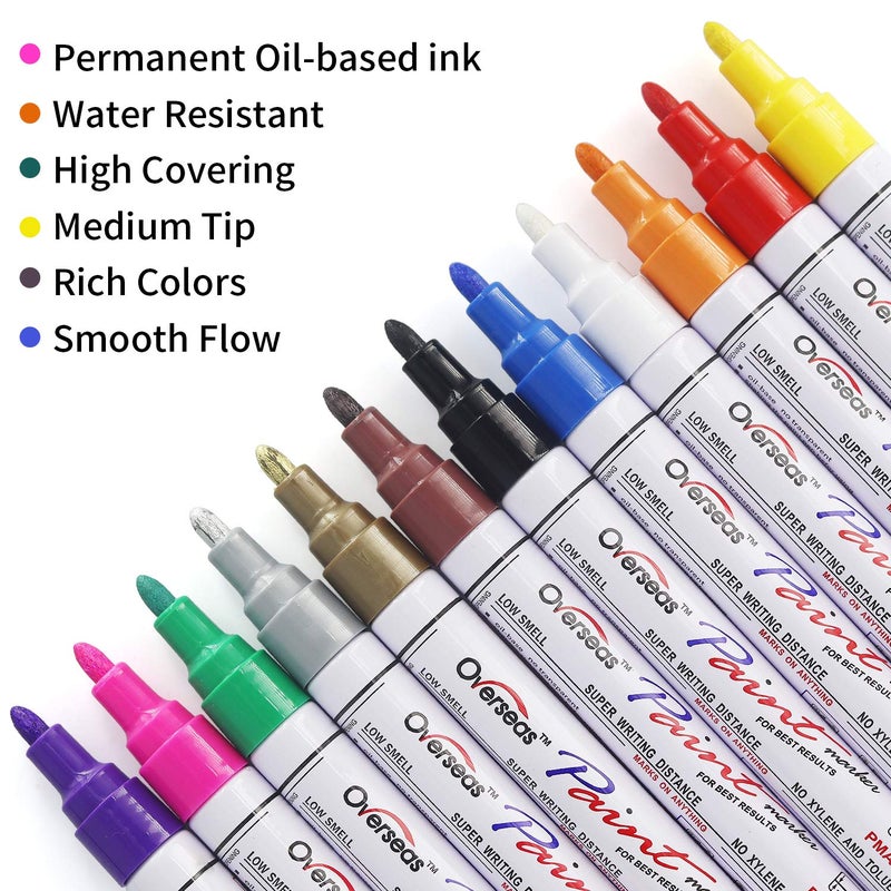 Overseas Paint Markers Pens, 12 Colors Painting Marker on Almost Anything, Quick Dry and Permanent, Oil-Based Paint Pens Set for Rock, Wood, Metal, Fabric, Plastic, Canvas, Glass, Rubber, DIY Craft - Image 2